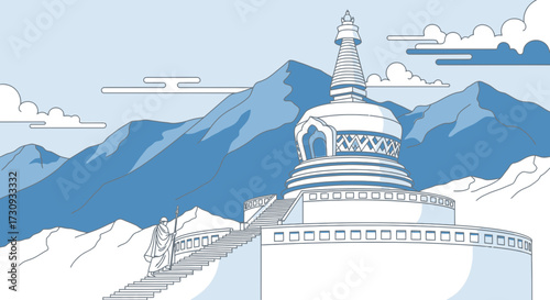 Minimalist illustration of a monk climbing stairs towards a stupa in mountainous landscape