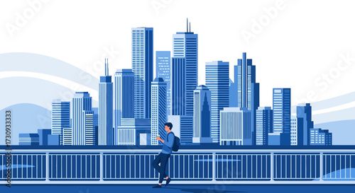 Minimalist cityscape illustration featuring a modern metropolis with a lone figure using a mobile