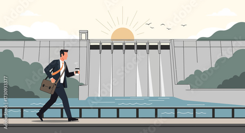 Modern businessman commuting to work with coffee and dam in background landscape scene