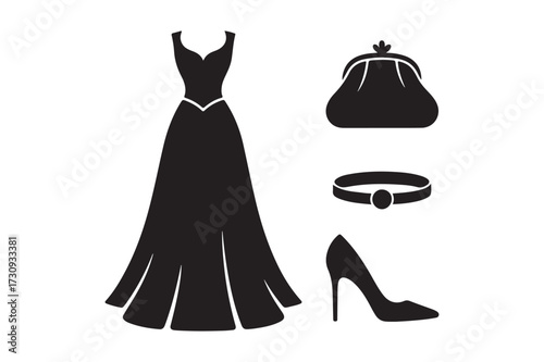 Elegant black evening gown and accessories set