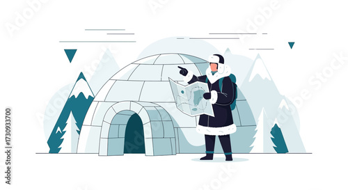 Navigating the Arctic Wilderness: Explorer with Map Near Igloo and Snowy Peaks