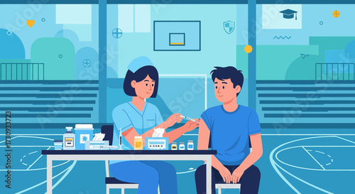 Nurse administering vaccine to patient in school gymnasium vaccination program promotion