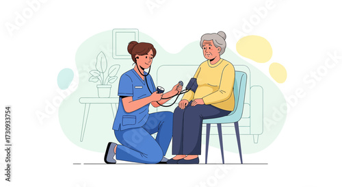 Nurse checking blood pressure of elderly woman during a home visit professional healthcare scene