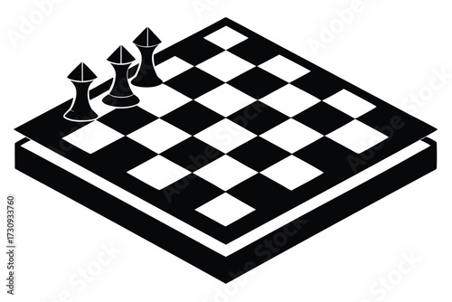 Isometric Chessboard with Three Pawns in Black and White Vector Graphic Design