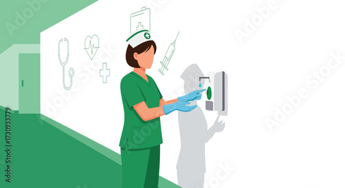 Nurse sanitizing hands in hospital hallway promoting hygiene and healthcare practices