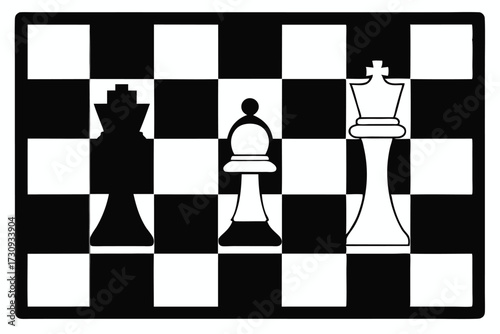 Chessboard with King, Bishop, and White King Outline Against a Checked Background