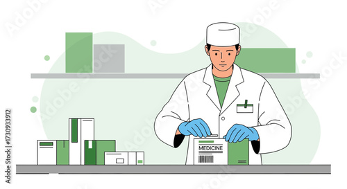 Pharmacist preparing medication in a clean room with shelves and boxes of medicines