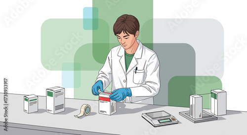 Pharmaceutical Production Line: Scientist Inspecting and Packaging Medication with Precision and