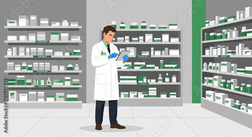 Pharmacist working with a tablet in a pharmacy full of medicines on shelves carefully checking