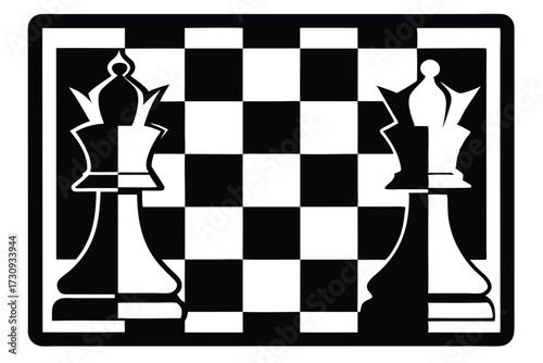 Striking Black and White Illustration of a Chessboard with King Chess Pieces in Frame