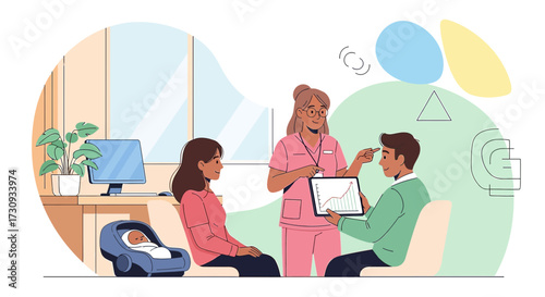 Postnatal Consultation with a Healthcare Professional Showing Growth Chart to Parents
