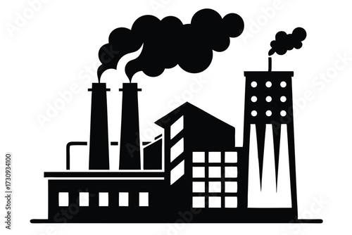 Detailed Black Silhouette Depiction of a Factory with Smoke, Stacks, and Windows Illustration