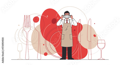 Restaurant worker wearing a face mask due to covid-19 virus pandemic protocols for safety at work
