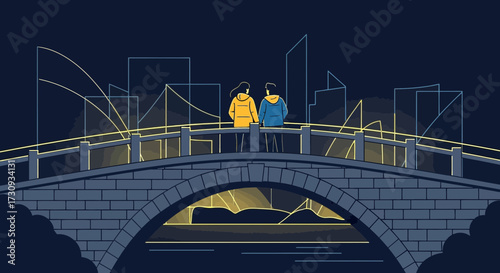 Romantic evening stroll: Couple enjoying the city view on a bridge under the night sky