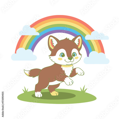 Cute cartoon husky puppy with bright rainbow and fluffy clouds isolated on white background