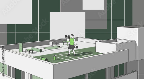 Rooftop fitness: A man working out with dumbbells on a building's roof terrace