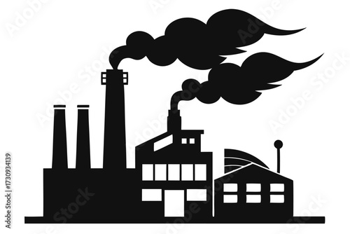 Factory Silhouette with Smoke Plumes Industrial Plant Design, Black Vector Illustration