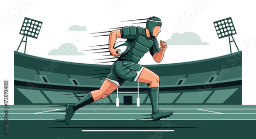 Rugby player sprinting across a stadium, illustration showcasing athleticism and determination in