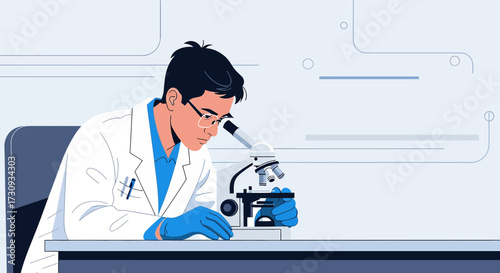 Scientist using a microscope in a laboratory conducting scientific research and experimentation to