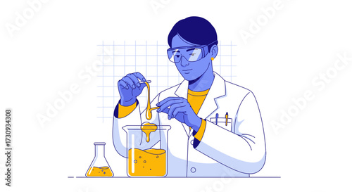 Scientist performing experiment with yellow liquid in lab, illustration showcases scientific