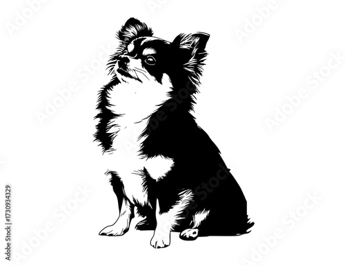 a black and white drawing of a chihuahua sitting on a transparent backgroundBorder collie, black, dog, paw, sit, stare, white 