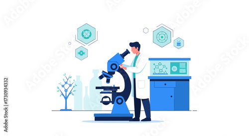 Scientist using microscope in laboratory, modern science and medical research concept illustration