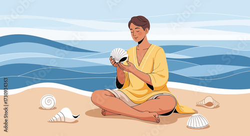 Serene beach scene with a person meditating and contemplating a seashell by the ocean shore