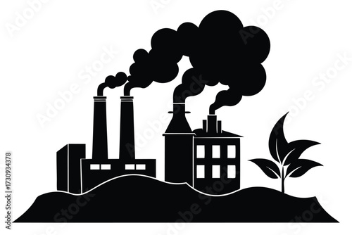 Black Silhouette Factories Emitting Smoke Next to a Tree Symbolizing Environmental Contrast and Pollution