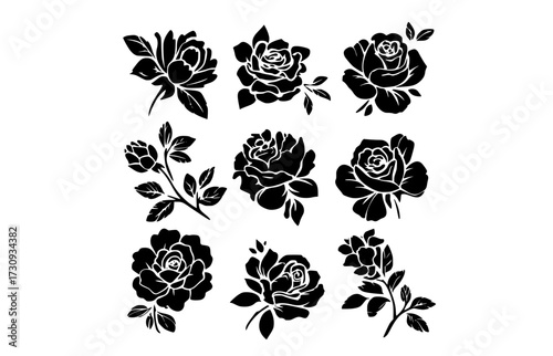 a set of black and white silhouettes of rosesalphabet, black, design, flower, illustration, rose, white 