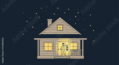 Stylized cozy cabin at night under a starry sky with a person holding a lantern illustration