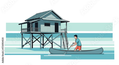 Stylized illustration of a man paddling a canoe near a stilt house on the water landscape peaceful
