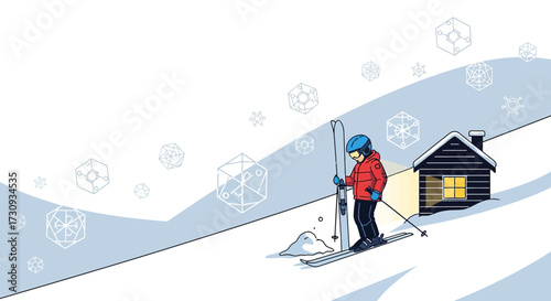 Stylized winter scene of a skier near a cabin with snowflakes falling, a cartoon illustration