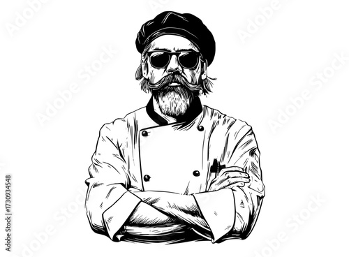 a stylized illustration of a chef with a beard and mustache wearing sunglasses and a beretarm, art, beard, beret, chef, cross, goggles, illustration, man, portrait, sunglasses, wear 