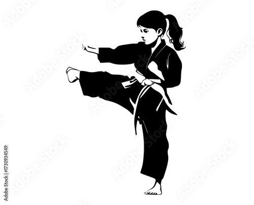 a silhouette of a woman practicing karate, striking a kickart, belt, black, geisha, girl, illustration, karate, kick, kimono, martial, profile, robe, samurai, woman 