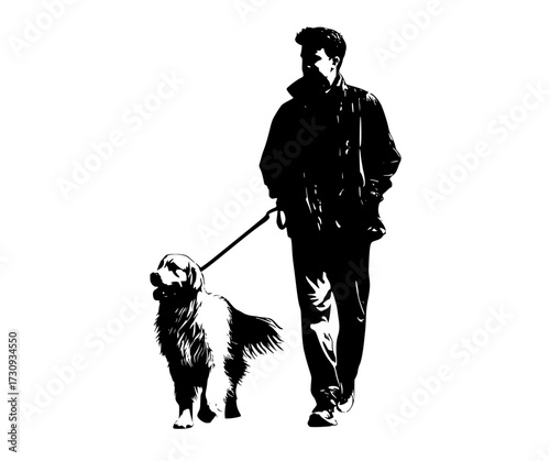 a silhouette of a man walking with a dogcane, dog, leash, man, pet, stroll, walk 