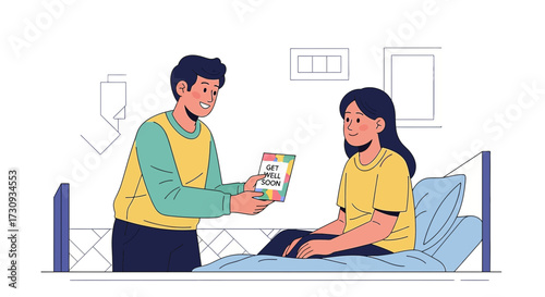 Supportive gesture of a man visiting a woman in the hospital with get well card hoping for quick