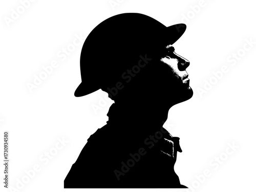 a silhouette of a man wearing a helmet, viewed from profilebaseball hat, black, hat, man, photo, profile, shadow, stare, sun hat, wear 