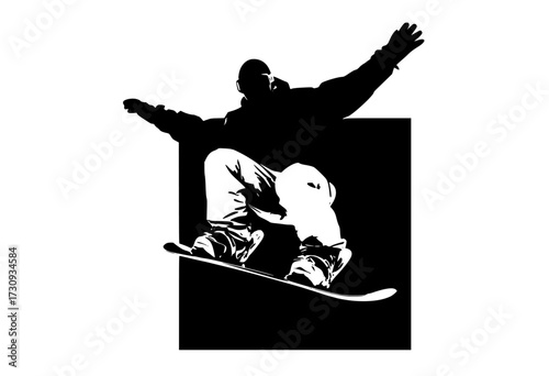 a snowboarder jumping through a gap in a black and white silhouetteblack, jump, man, person, profile, ramp, ride, skateboarder, slide, snowboard, snowboarder, trick 