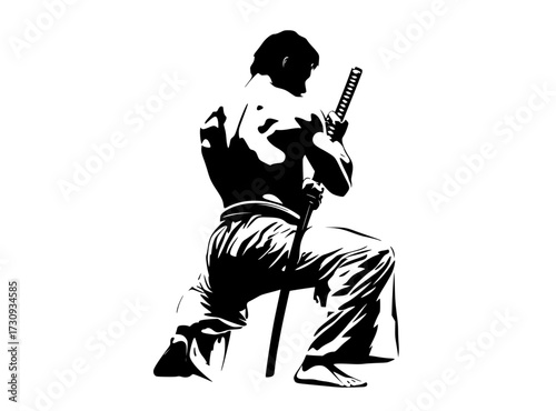 a silhouette of a martial artist holding a katana, squatting in a defensive stanceart, black, catch, comb, illustration, karate, man, martial, play, profile, samurai, stool, sword, warrior, white 