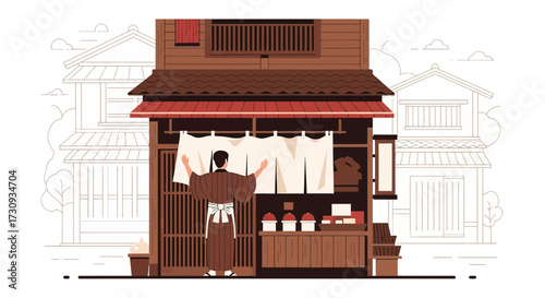 Traditional Japanese shop owner arranging shop curtains in front of shop building