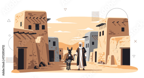 Traditional desert village scene with man leading a donkey evoking timeless travel
