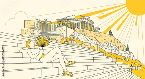 Tourist relaxing in Athens Greece enjoying the sunshine with the Acropolis view vacation mood and