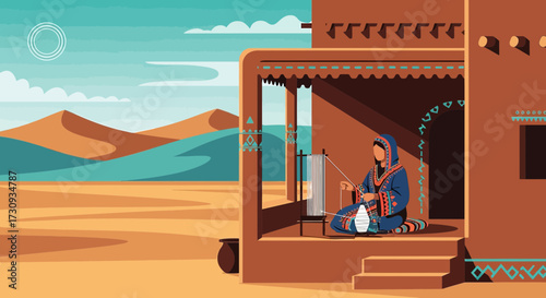 Traditional desert weaving craft: woman weaves fabric in a traditional adobe house
