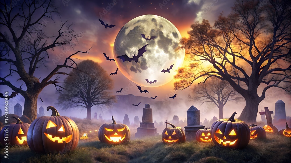 Fototapeta premium Halloween night with pumpkins, bats and tombstones under a full moon