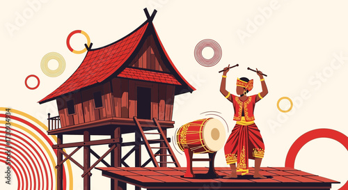 Vibrant depiction of a traditional Indonesian house and Gendang Beleq performance showcasing rich