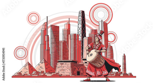 Vibrant cultural fusion a drummer against a skyline of pyramids and modern skyscrapers