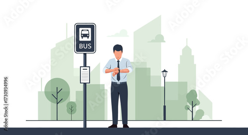 Waiting for the bus a businessman checks the time at the bus stop in the city center with modern