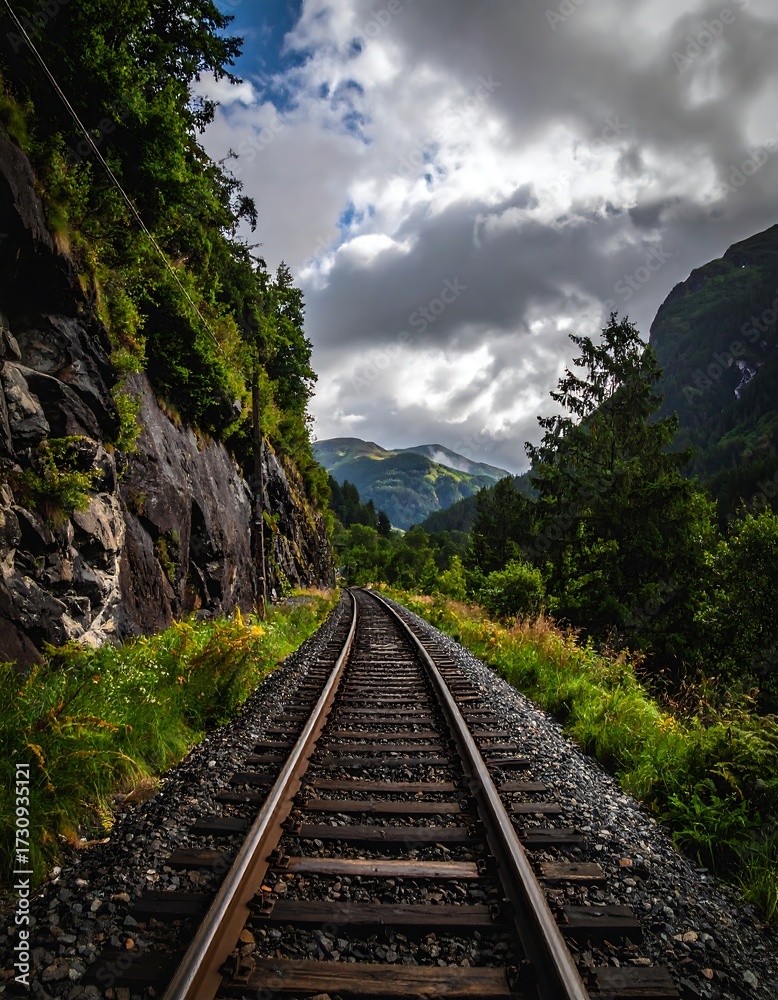 Fototapeta premium Scenic railway tracks through a lush valley