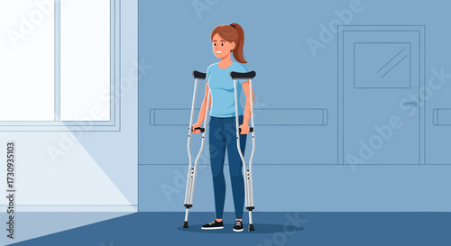 Woman recovering from injury using crutches in a clinical rehabilitation setting illustration