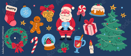 Merry Christmas concept. Festive collection with Santa Claus, decorated tree, gingerbread, snow ball, wreath, gift and sweets. Winter time.
